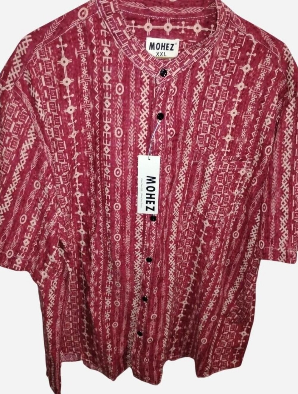 MOHEZ Men’s XXL Red Tribal Print Short Sleeve Band Collar Button-Up Shirt NWT